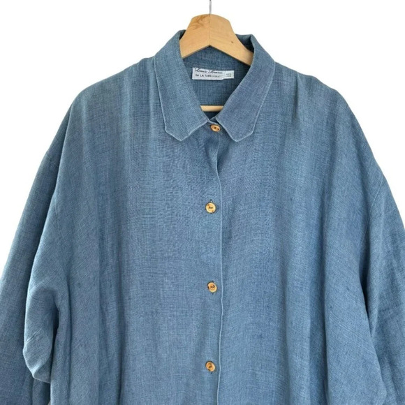 Vintage 80s Louis Simon for La Libellule Blue Linen Button Front Tunic Top - Picture 3 of 8